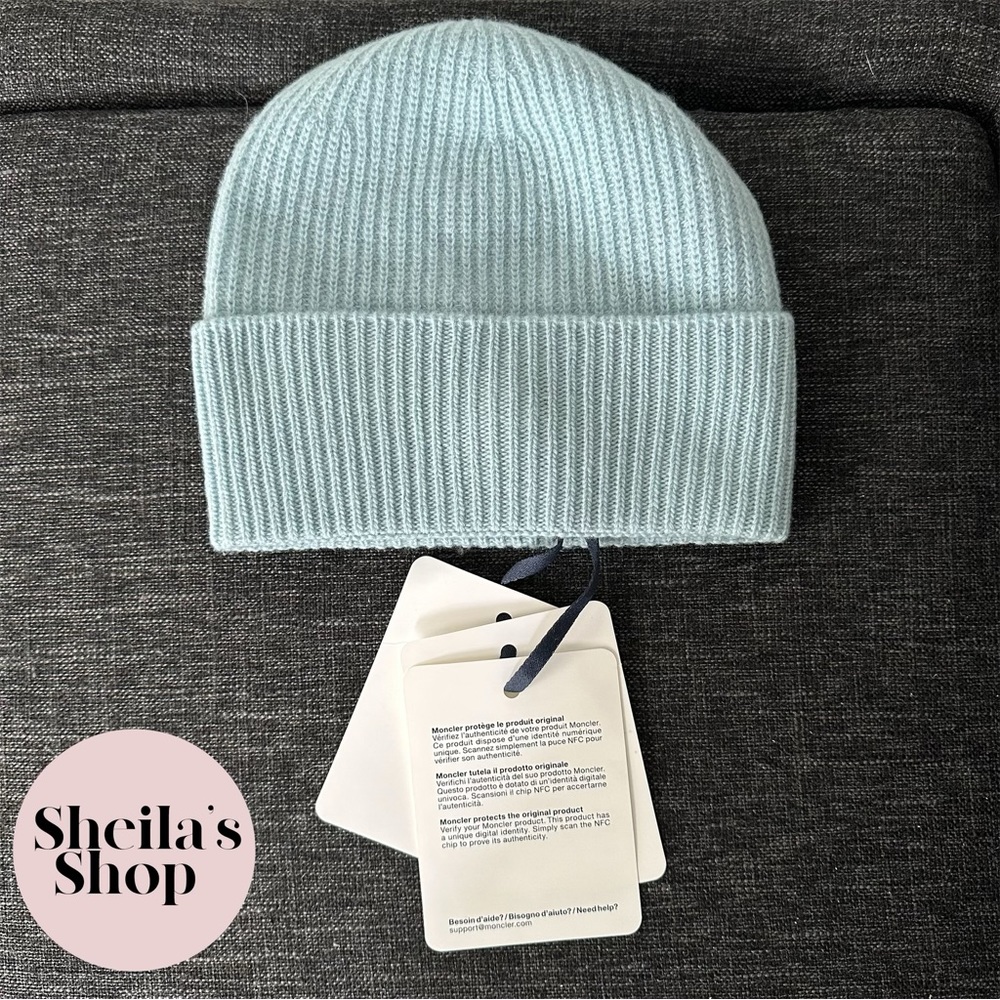 NWT Moncler Berretto Tricot Logo-Patch Beanie Wool & Cashmere Blend Hat Blue - Picture 3 of 5